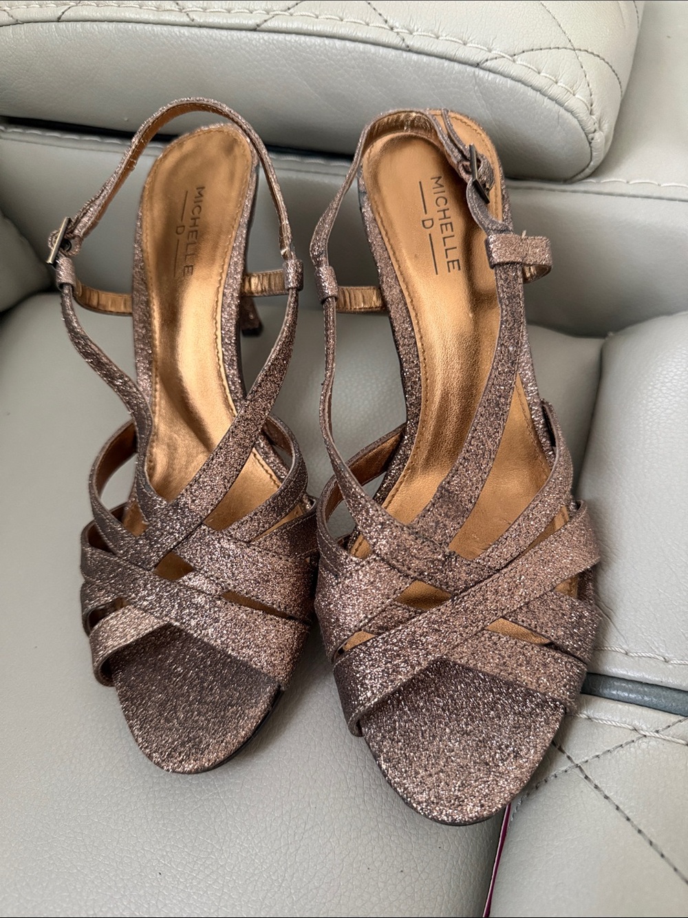 Michelle D Glitter Strappy Heels in Bronze Tone